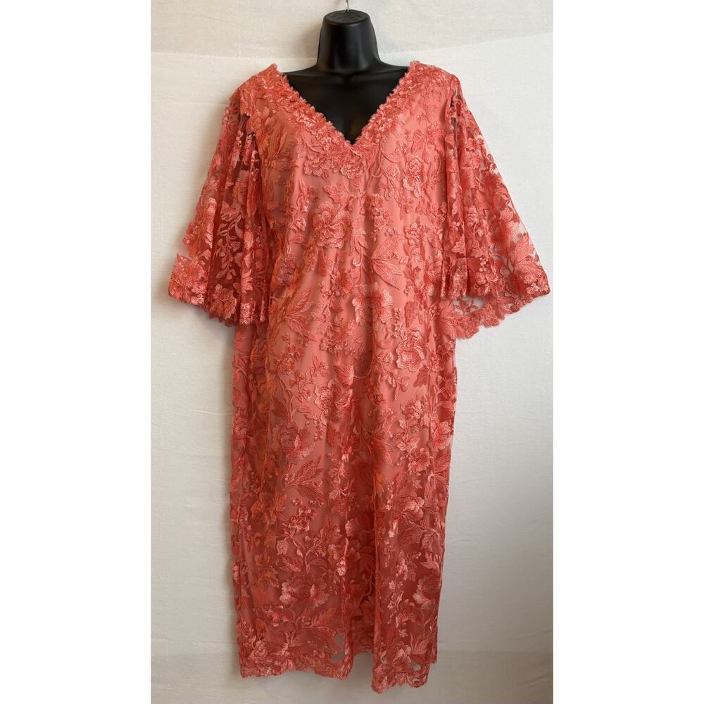 Tadashi Shoji Coral Pink Embroidered Lace Cocktail Dress Womens Size 16 Wedding